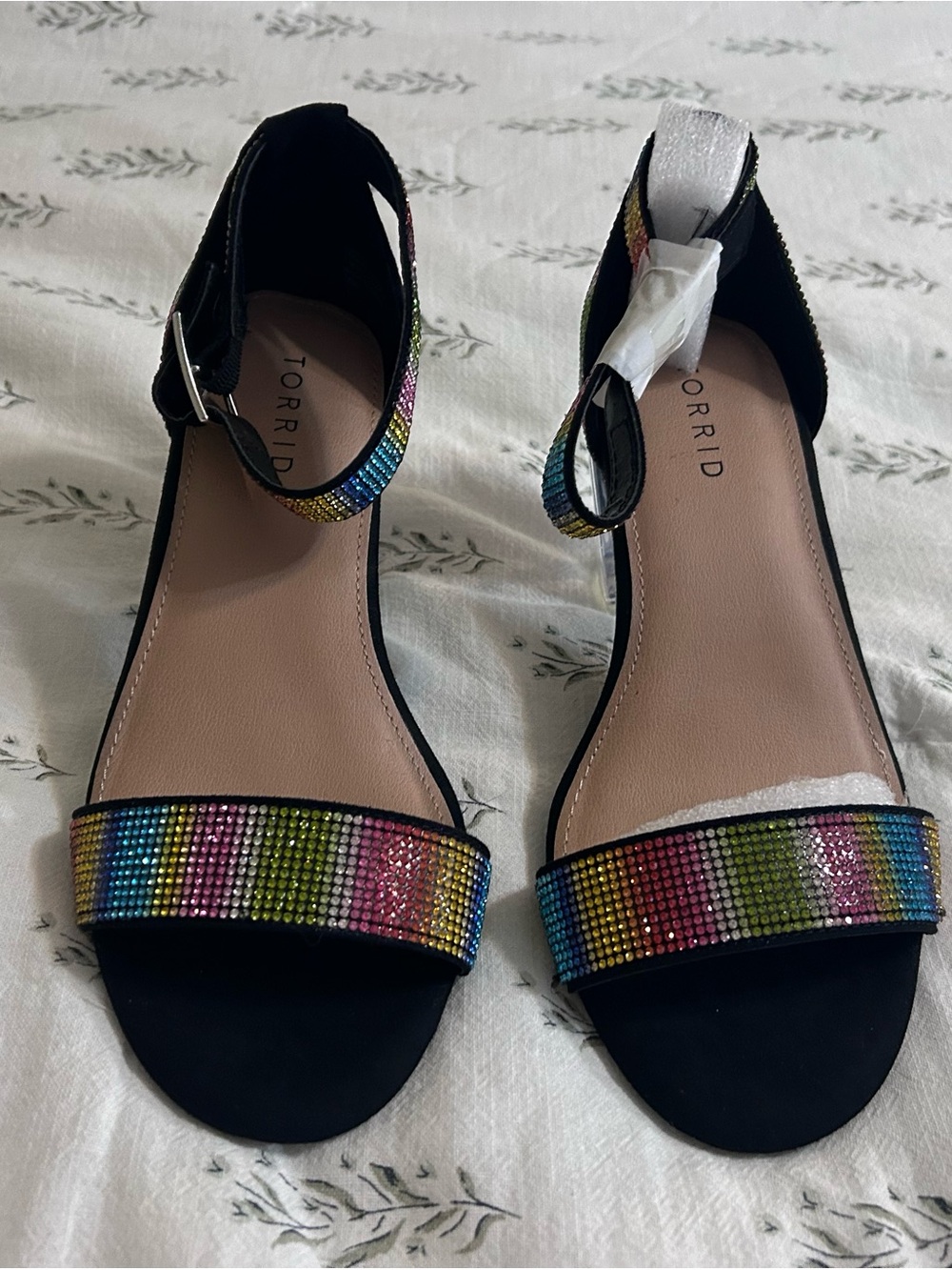 Womenโs Torrid Black Sandals with Rainbow Rhinestone Straps Size 8